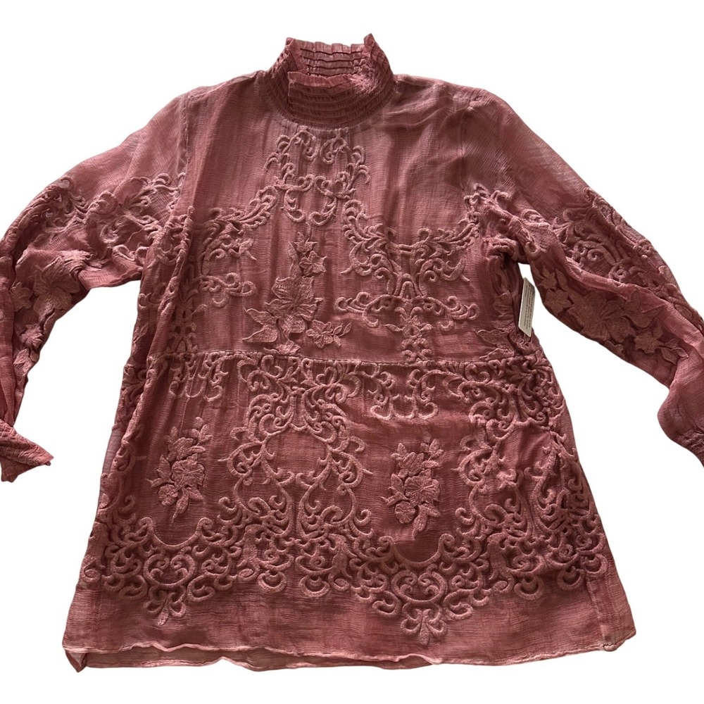 Soft Surroundings NWT Silk Embroidered Mock Neck Blouse Petite Small